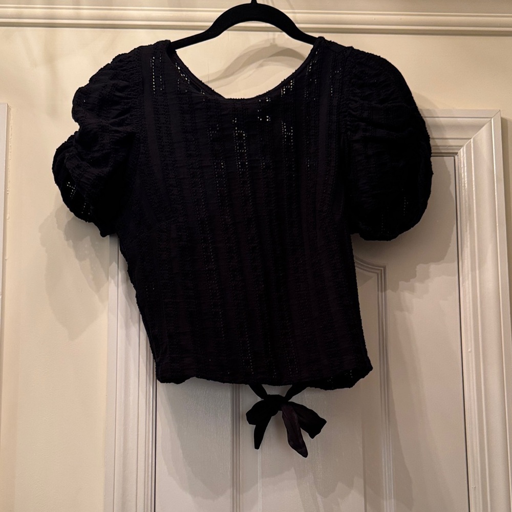 Free People Black Textured Puff Sleeve Blouse with open back